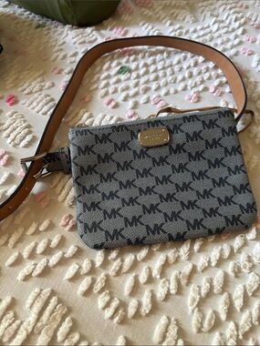 Michael Kors Black and Gray MK Logo Crossbody with Tan Strap
